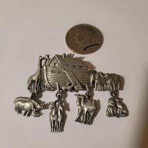JJ Stamped Noahs Ark Brooch Pin Dangling Animals Rhinos Horses Camels Lions